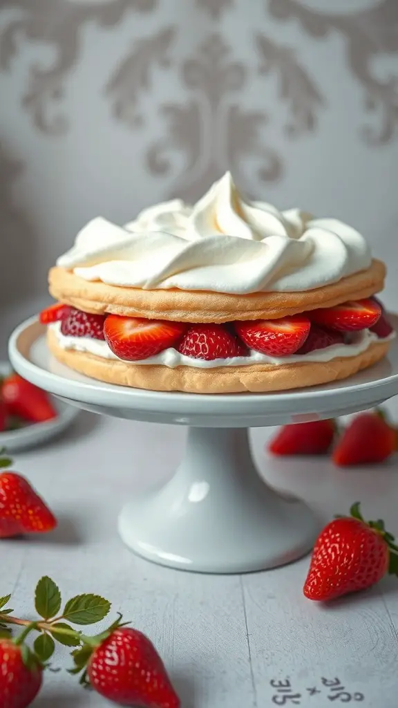 A puff pastry strawberry shortcake topped with whipped cream and fresh strawberries on a white cake stand.