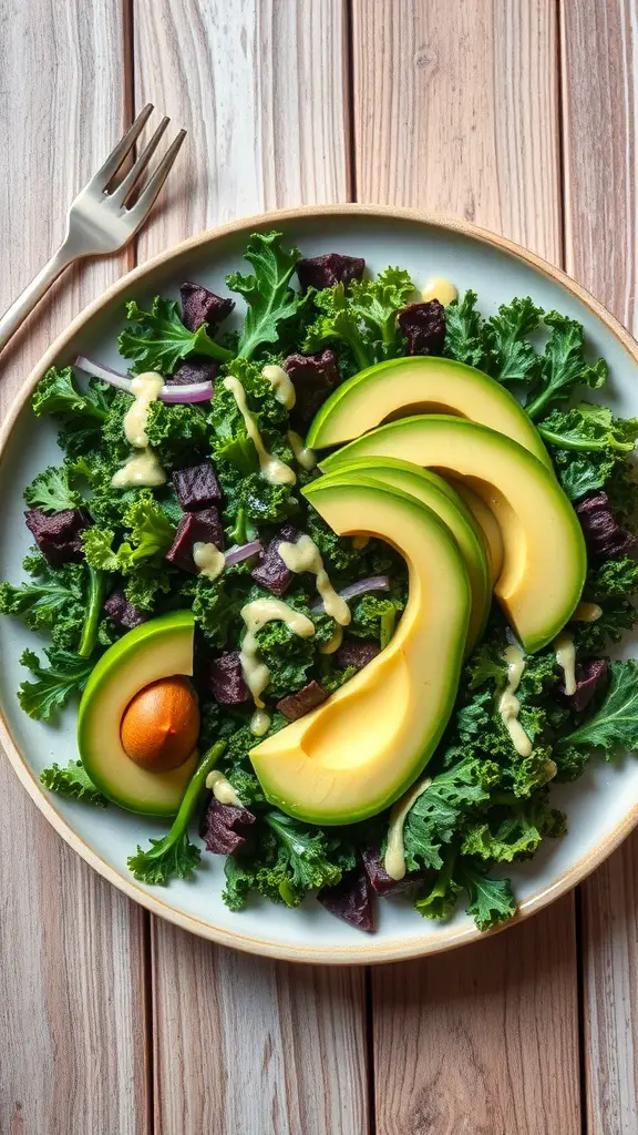 A colorful salad featuring crispy kale, avocado slices, and purple sweet potatoes on a wooden table.