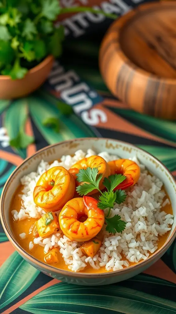 A bowl of Coconut Curry Shrimp served over rice, garnished with cilantro.