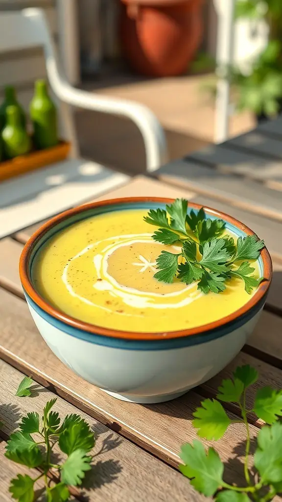 A bowl of chilled avocado soup garnished with cilantro and a swirl of cream, placed on a wooden table.