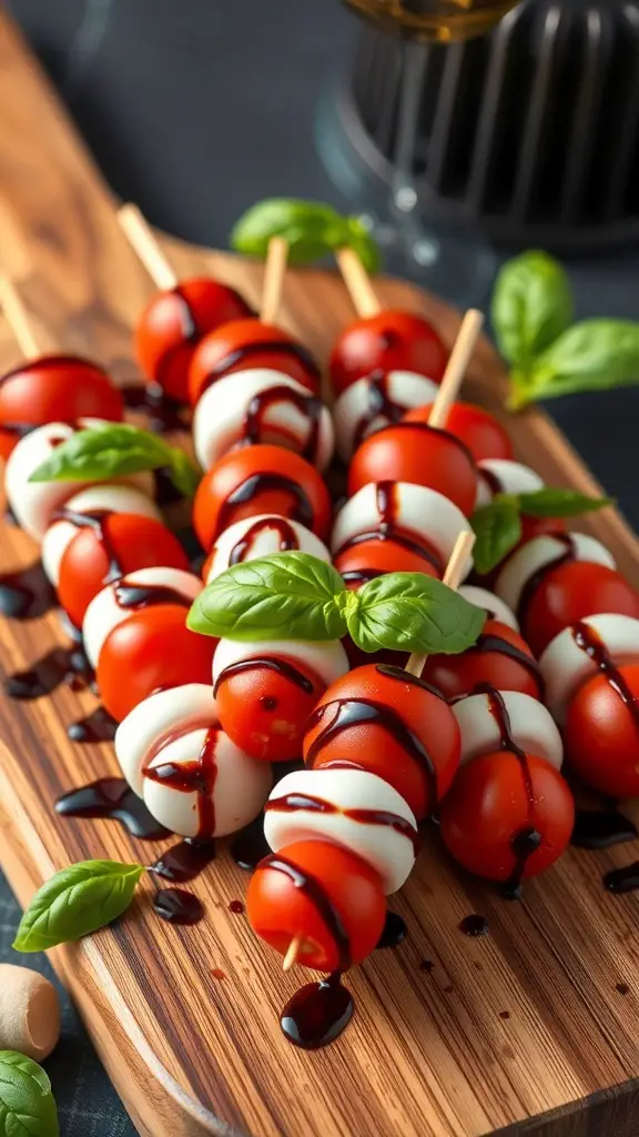 Mini Caprese skewers with cherry tomatoes, mozzarella, and basil drizzled with balsamic glaze on a wooden platter.