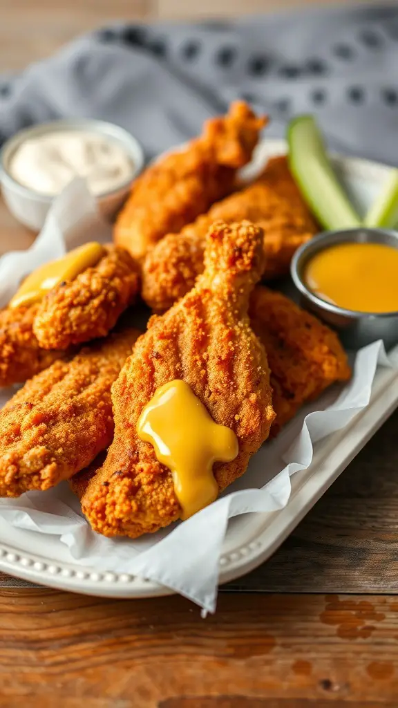 A plate of crispy homemade chicken tenders with honey mustard sauce and celery sticks.