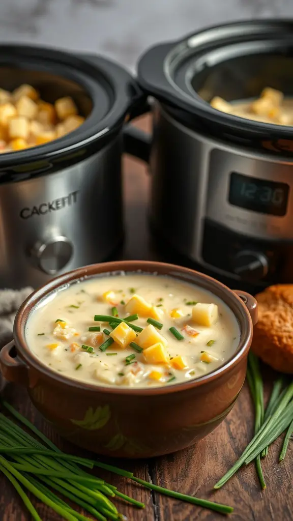A bowl of creamy potato and corn chowder with chives, next to two crockpots.