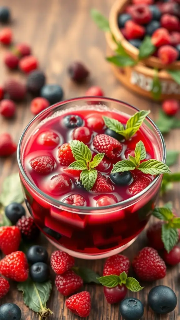 A colorful glass of Holiday Berry Punch with fresh berries and mint leaves