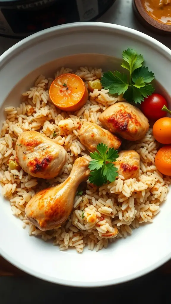 A bowl of chicken and rice with parsley, cherry tomatoes, and a slice of lemon.