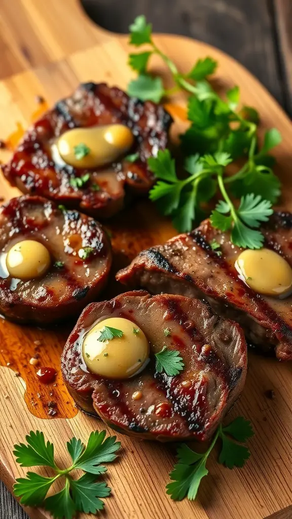 Delicious garlic butter steak bites garnished with fresh herbs on a wooden board.