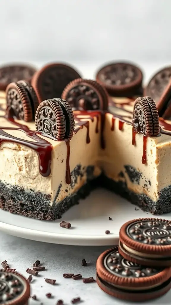A slice of Chocolate Drizzle Oreo Cheesecake topped with Oreo cookies and chocolate drizzle.