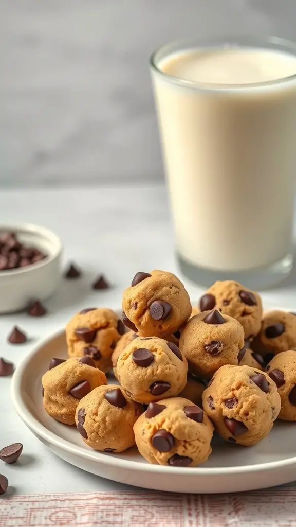 A plate of chocolate chip cookie dough bites with a glass of milk in the background