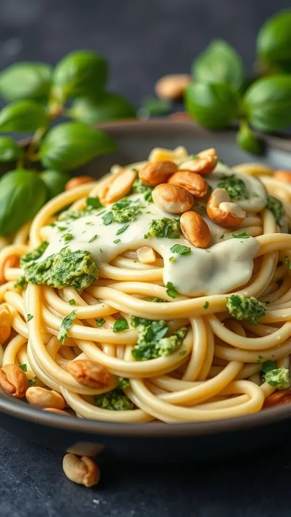 A plate of fettuccine alfredo topped with pesto and nuts