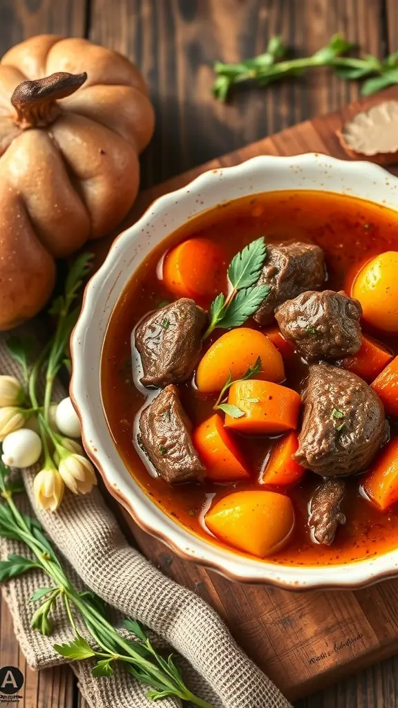A bowl of hearty beef stew with root vegetables, garnished with parsley, next to a pumpkin and herbs.