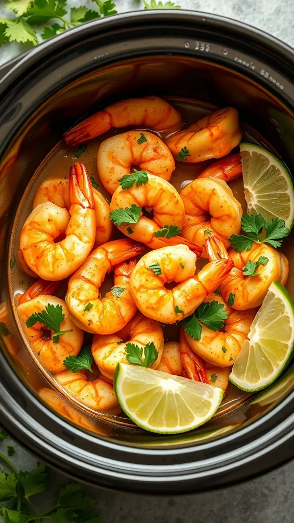 A close-up of cilantro lime shrimp in a slow cooker, garnished with lime slices and fresh cilantro.