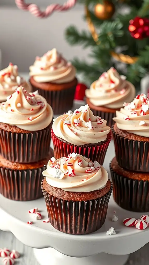 A display of peppermint mocha cupcakes with swirls of frosting and crushed peppermint on top, set against a festive background.