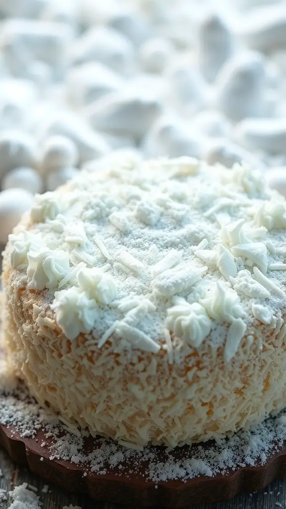 A beautifully decorated coconut cake resembling a winter wonderland with shredded coconut on top.