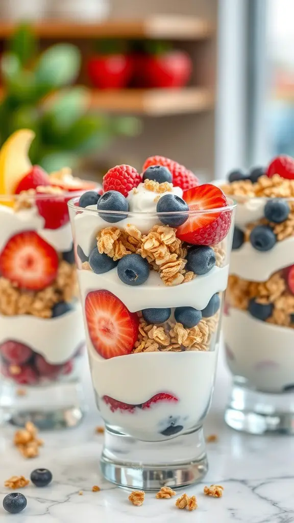 A yogurt parfait bar featuring layered yogurt, fresh fruits, and granola in clear cups.