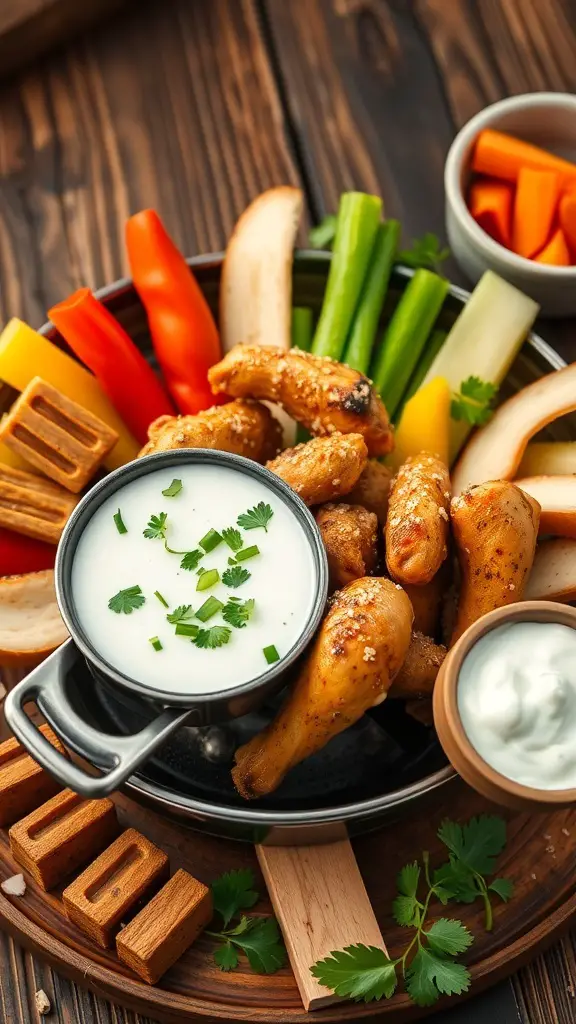 A platter of Mediterranean chicken fondue with tzatziki sauce and colorful vegetables.