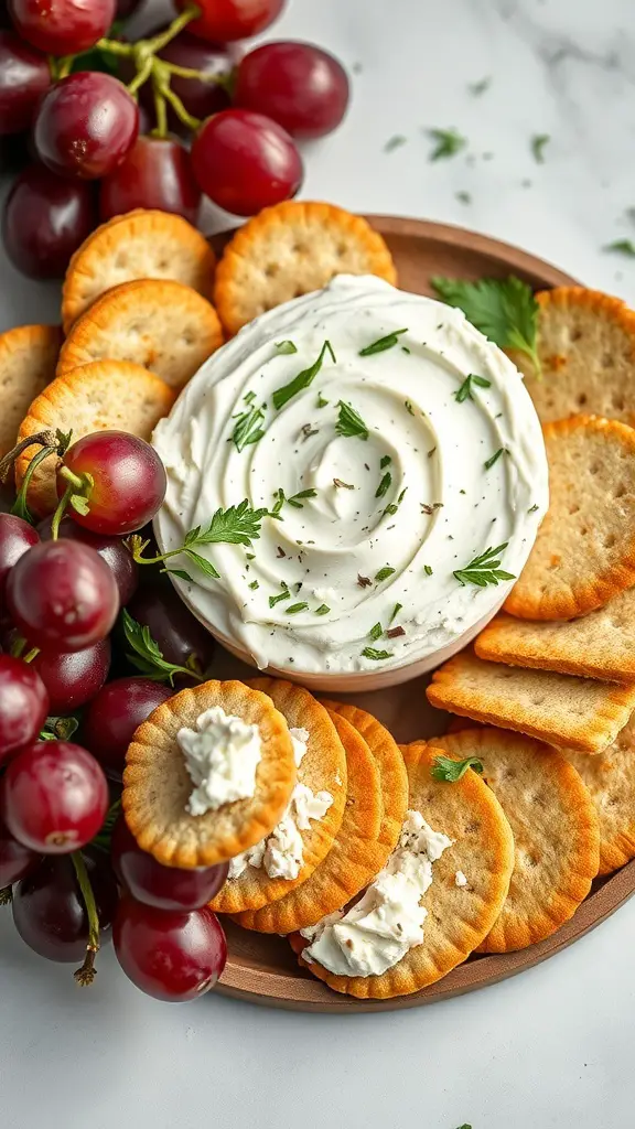 A plate with herbed goat cheese spread, crackers, and grapes