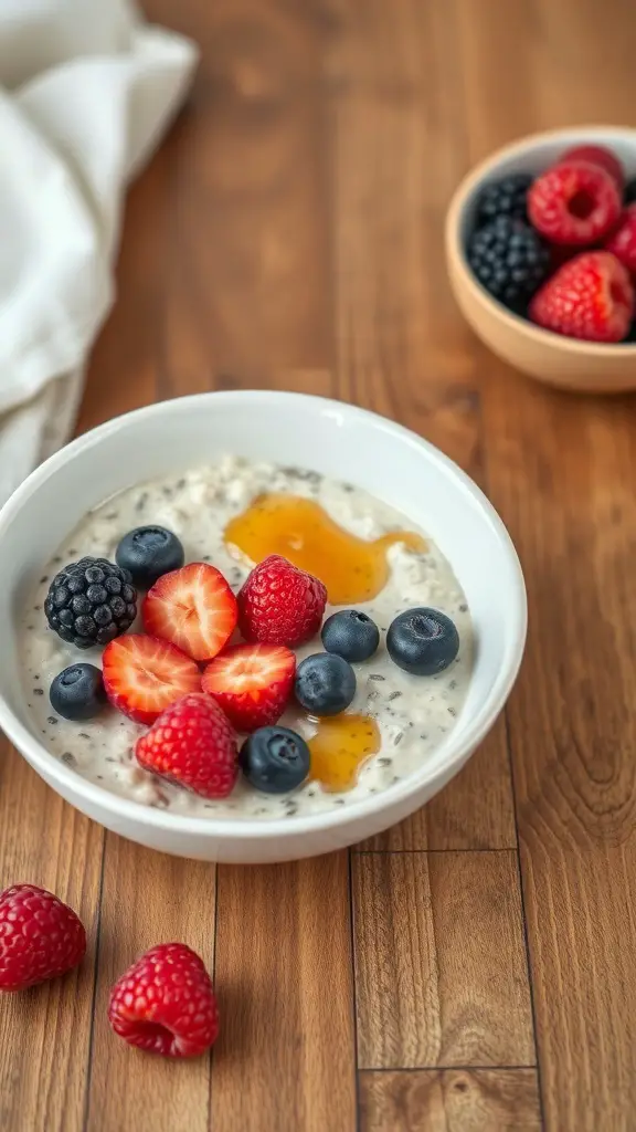 A bowl of overnight oats topped with strawberries, blueberries, blackberries, and raspberries on a wooden table.