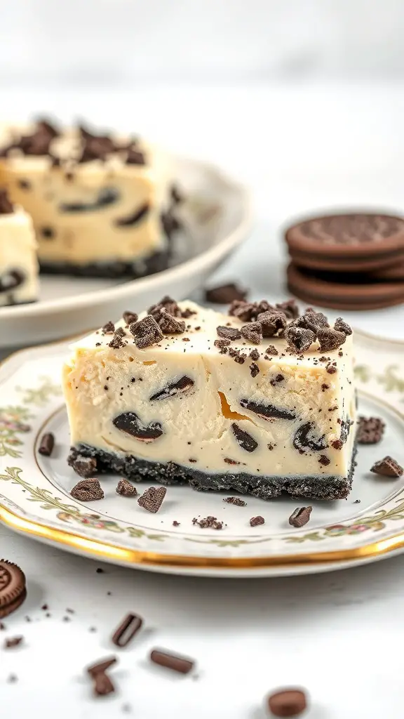A close-up of a slice of Oreo cheesecake bar on a decorative plate, topped with Oreo crumbs.
