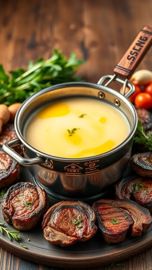 A pot of herbed garlic butter steak fondue with pieces of steak and fresh herbs on a wooden table.