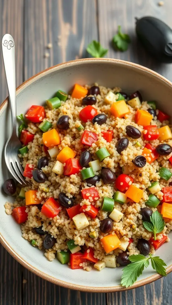 A bowl of quinoa mixed with colorful roasted vegetables and black beans.
