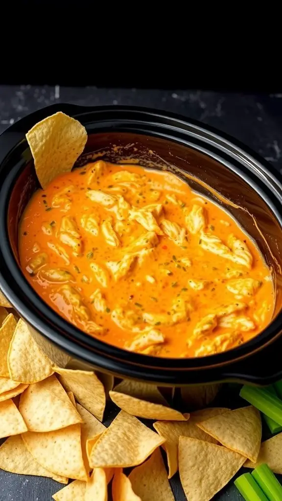 A slow cooker filled with Spicy Buffalo Chicken Dip, surrounded by tortilla chips.
