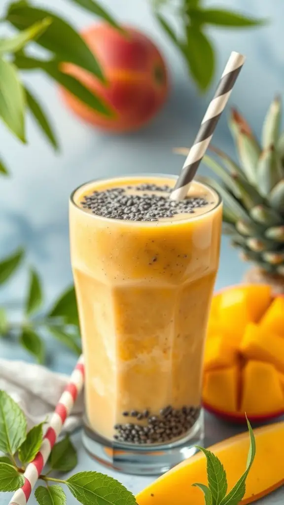A tropical chia seed smoothie in a tall glass with a striped straw, surrounded by fresh fruits and mint leaves.