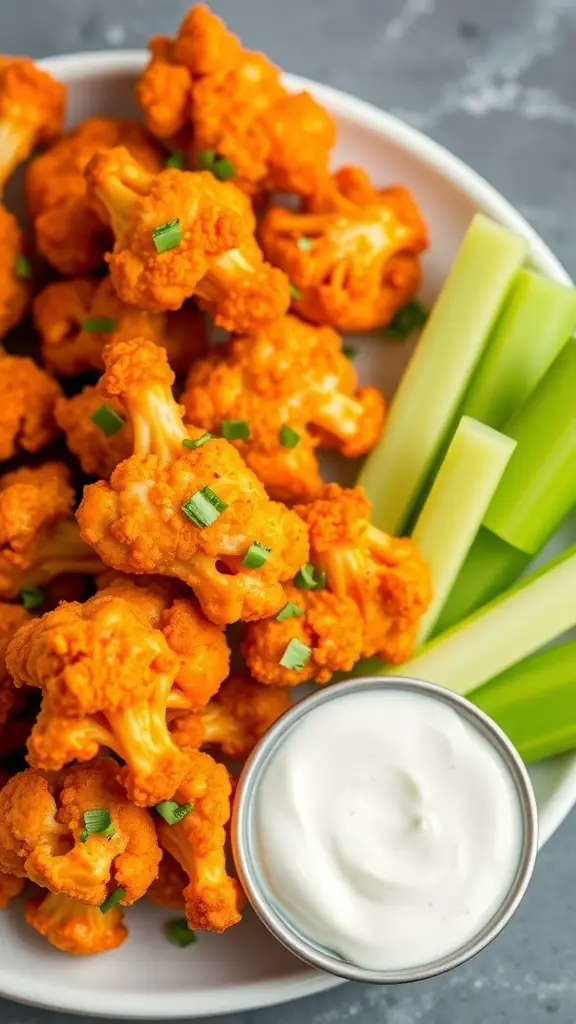 A plate of cauliflower buffalo wings with ranch dip and celery sticks.