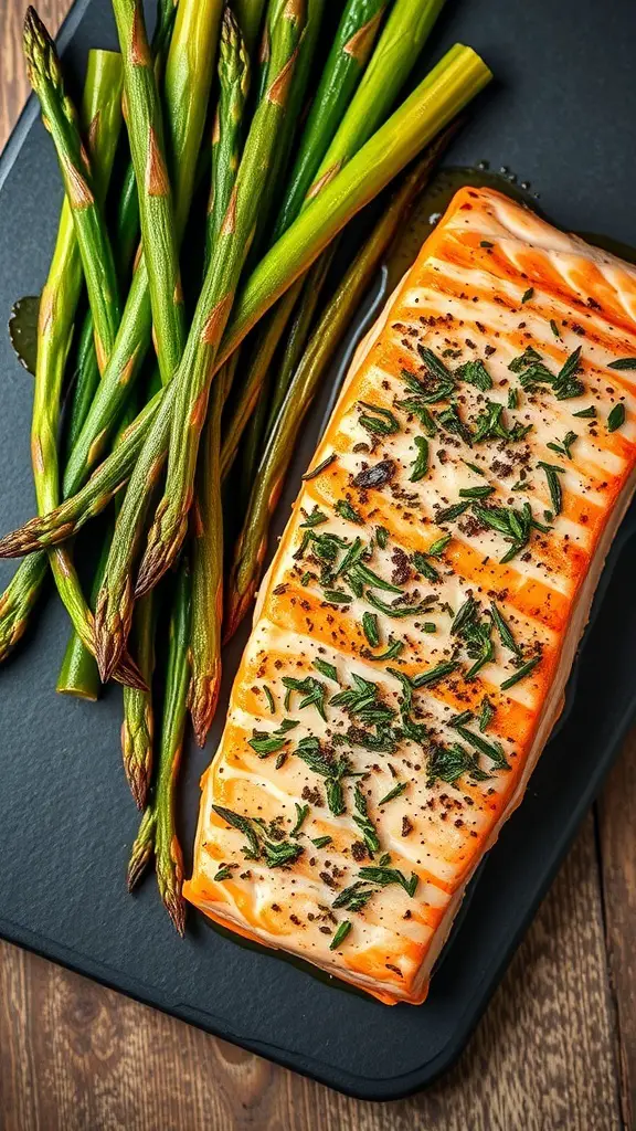 Herb-crusted salmon fillet with asparagus on a black plate