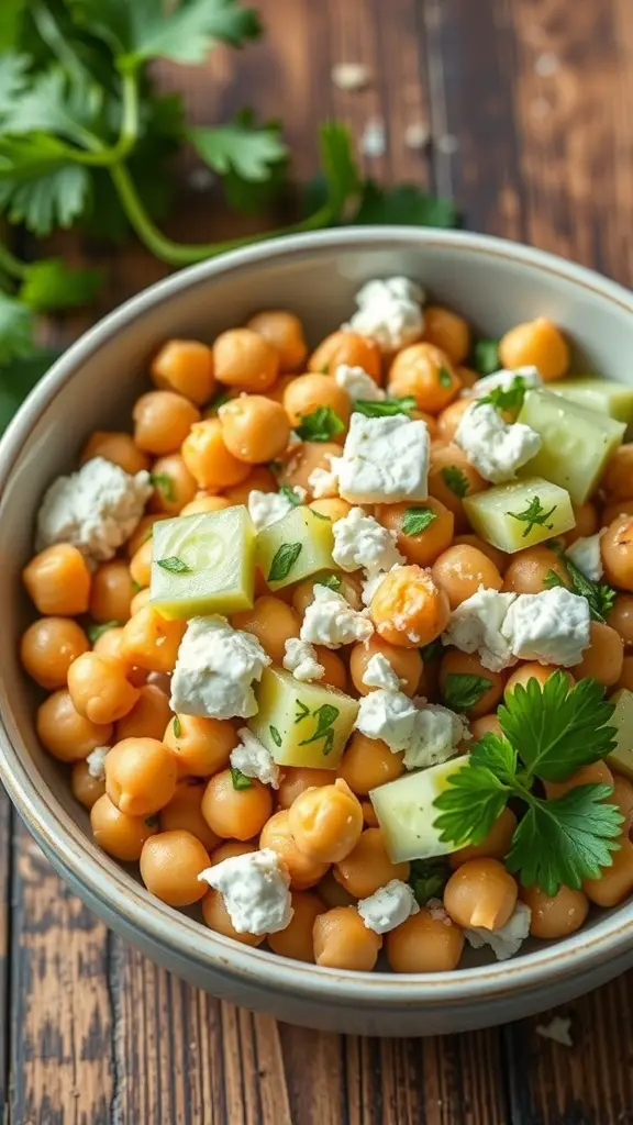A bowl of chickpea salad with cucumber and feta cheese, garnished with parsley.