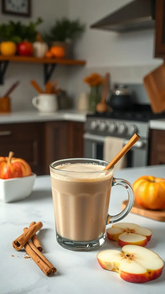 A glass of apple cinnamon smoothie with a cinnamon stick, fresh apples, and cinnamon sticks in a cozy kitchen setting.