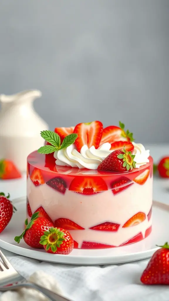 A beautifully decorated strawberry cake with layers of Jello and fresh strawberries on top.