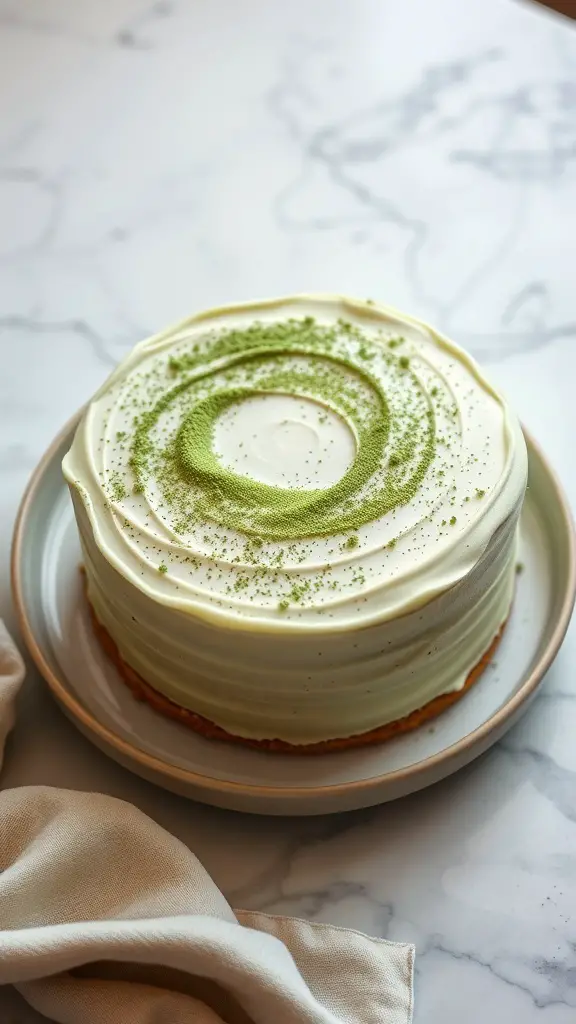 A beautifully decorated Matcha Green Tea Cake with a swirl of matcha powder on top.