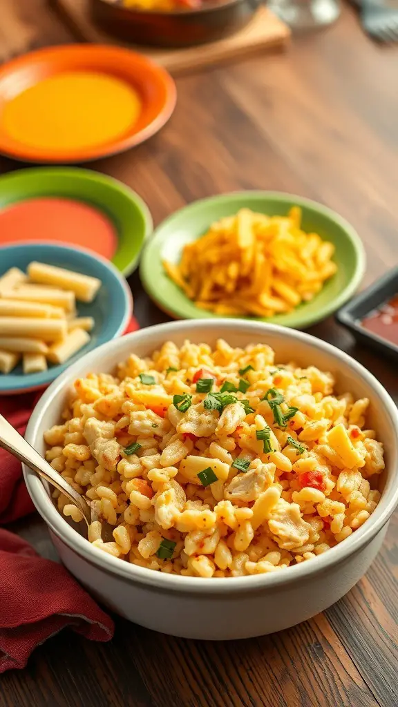 A bowl of cheesy chicken and rice casserole with green onions on top, surrounded by colorful plates and pasta.
