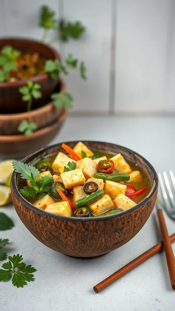 A bowl of Vegan Thai Green Curry with tofu, vegetables, and garnished with cilantro