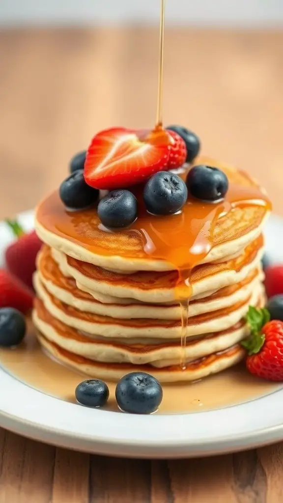 A stack of fluffy pancakes topped with fresh strawberries and blueberries, drizzled with syrup.