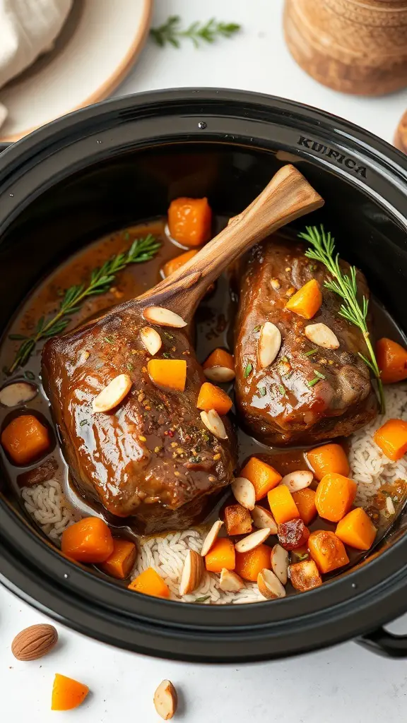 Slow cooker Moroccan spiced lamb shanks with vegetables and almonds