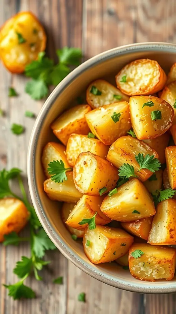 Bowl of crispy garlic Parmesan potatoes garnished with parsley