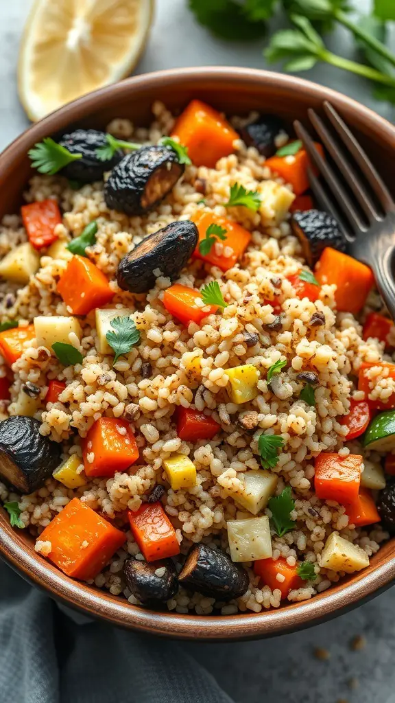A bowl of quinoa salad with roasted vegetables, garnished with herbs and lemon.