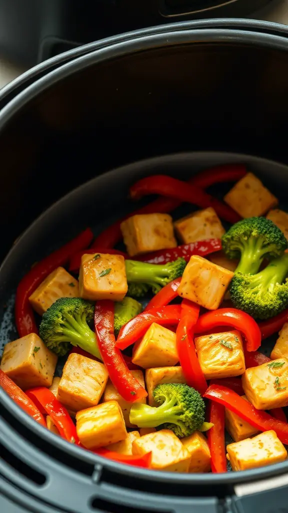 A close-up of vegetable stir-fry with tofu in an air fryer, featuring red bell peppers and broccoli.