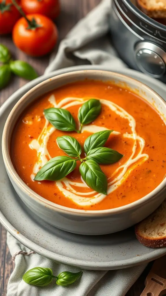 A bowl of creamy tomato basil soup garnished with fresh basil leaves, accompanied by tomatoes and bread.