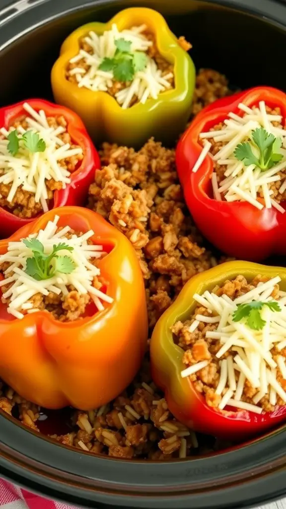 Colorful stuffed bell peppers filled with meat and rice, topped with cheese.