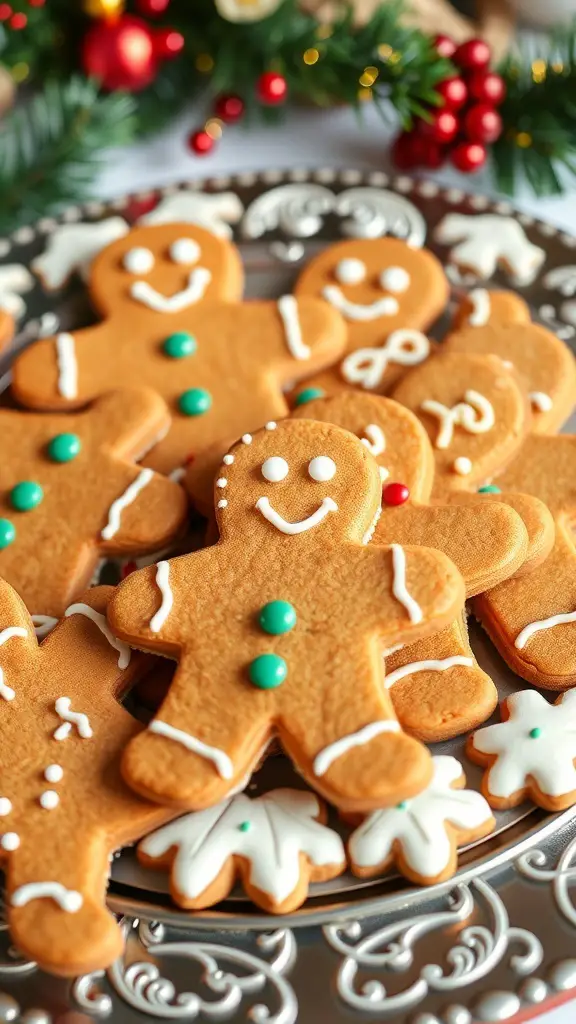 A plate of gingerbread men cookies decorated with royal icing and colorful candies.