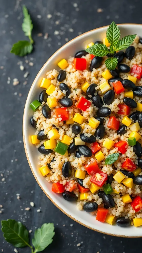 A bowl of quinoa salad with black beans, diced bell peppers, and corn, garnished with fresh herbs.
