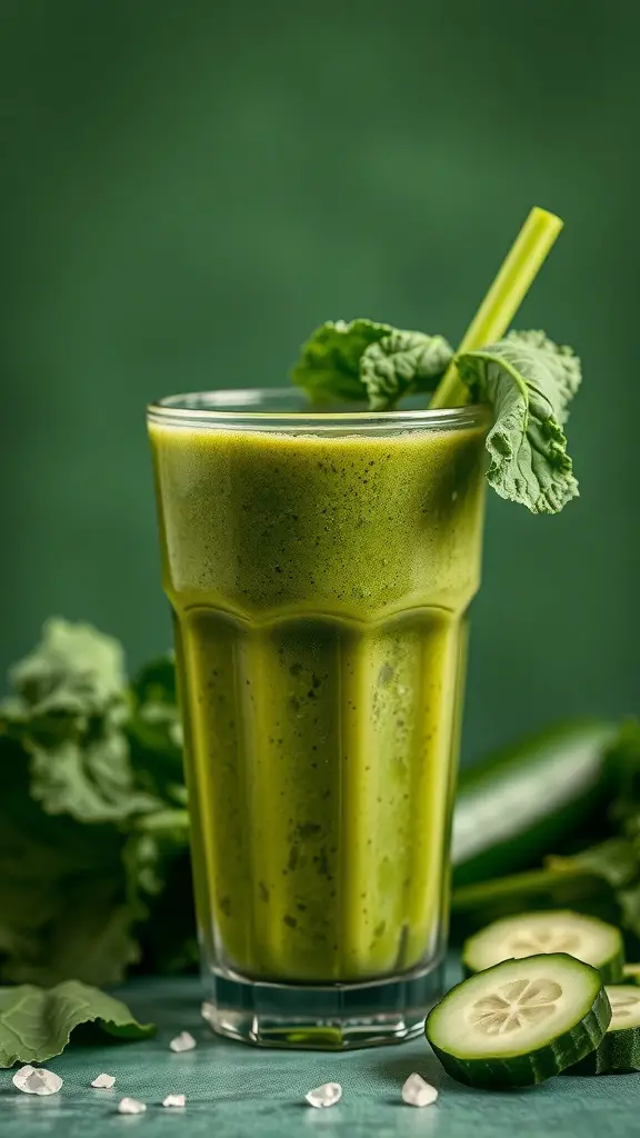 A refreshing green detox smoothie in a glass, garnished with a cucumber slice and kale leaves.