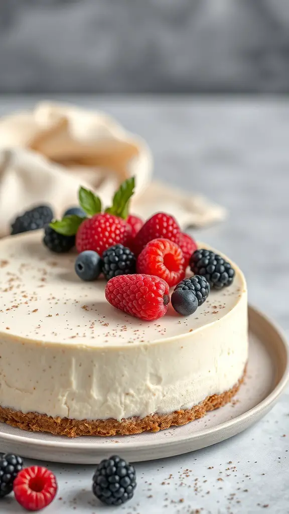 A delicious vanilla bean cheesecake topped with fresh raspberries and blackberries.