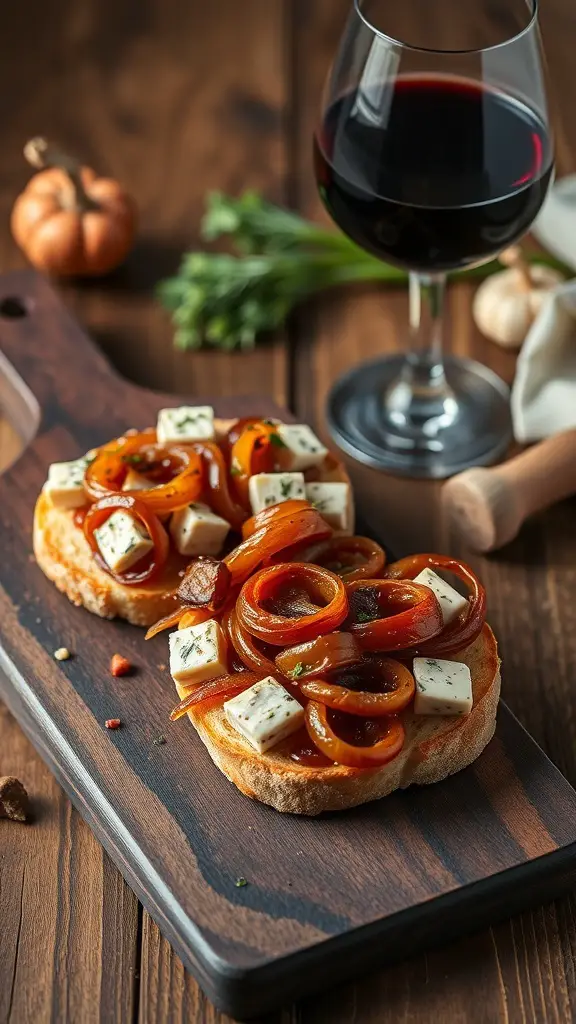 Crostini topped with caramelized onions and blue cheese, served with a glass of red wine.