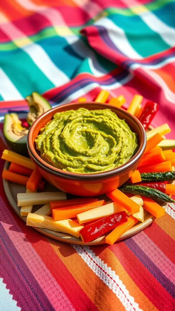 A bowl of guacamole surrounded by colorful veggie sticks on a vibrant blanket.
