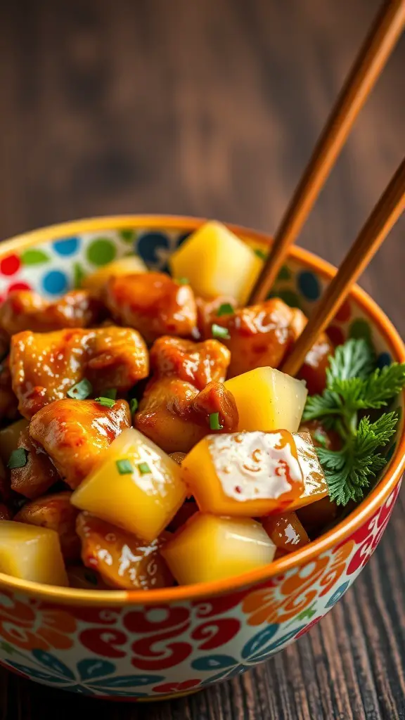 A colorful bowl of Teriyaki Chicken with Pineapple, featuring chicken pieces and pineapple chunks in a glossy sauce.