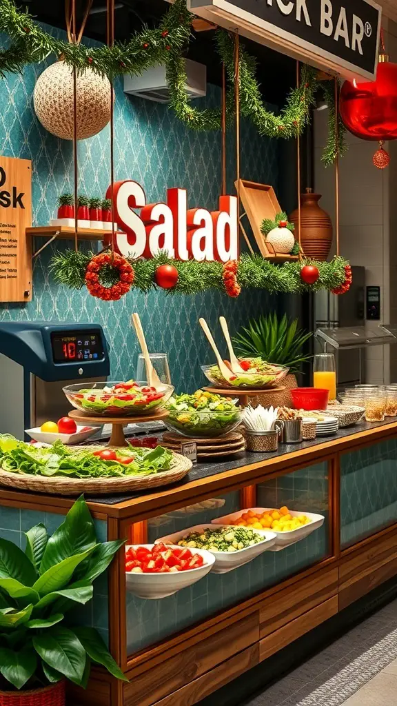 A decorated salad bar with fresh ingredients, a bright 'Salad' sign, and festive decor.