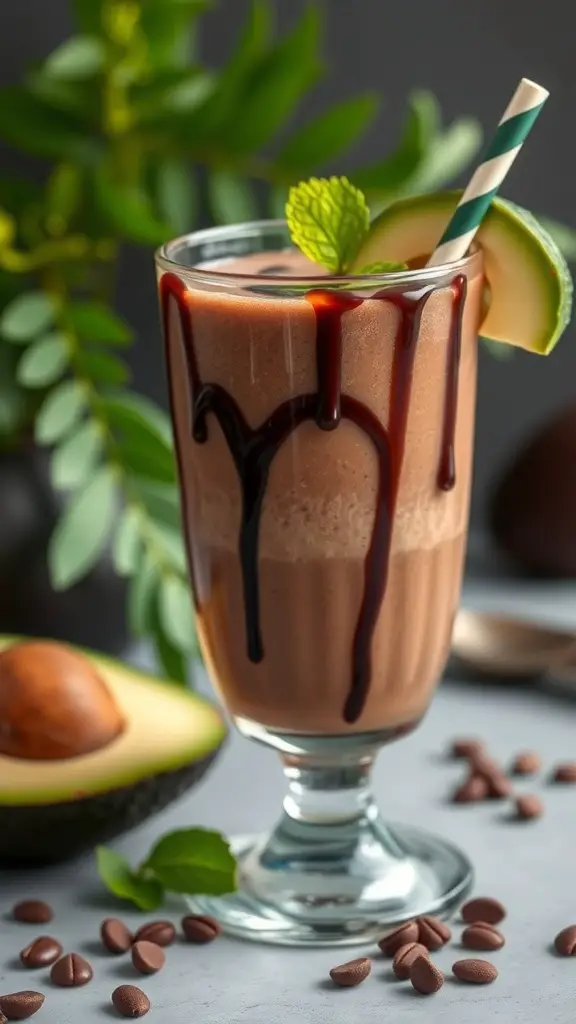 A delicious chocolate avocado smoothie in a glass, garnished with mint and a slice of avocado.